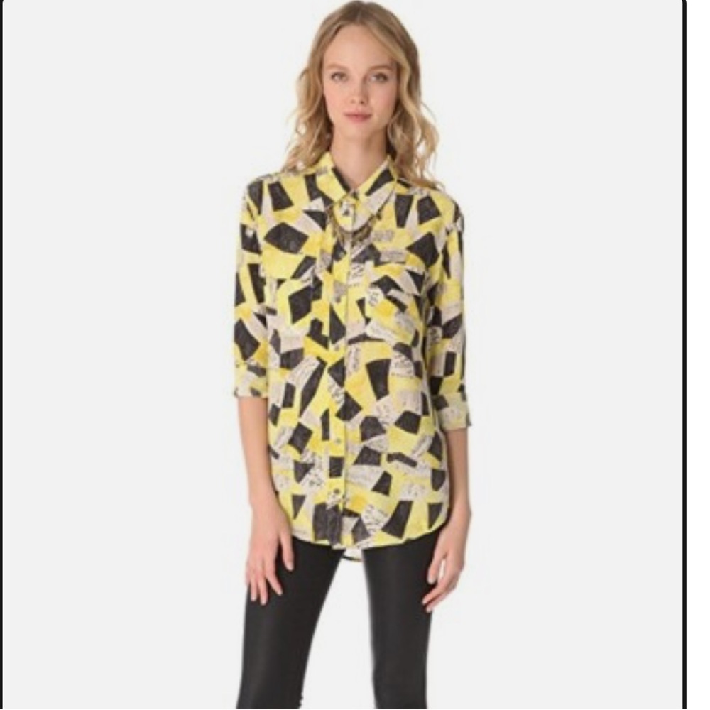 Equipment Femme SILK Yellow Black patchwork Button Down Shirt tunic relax XS